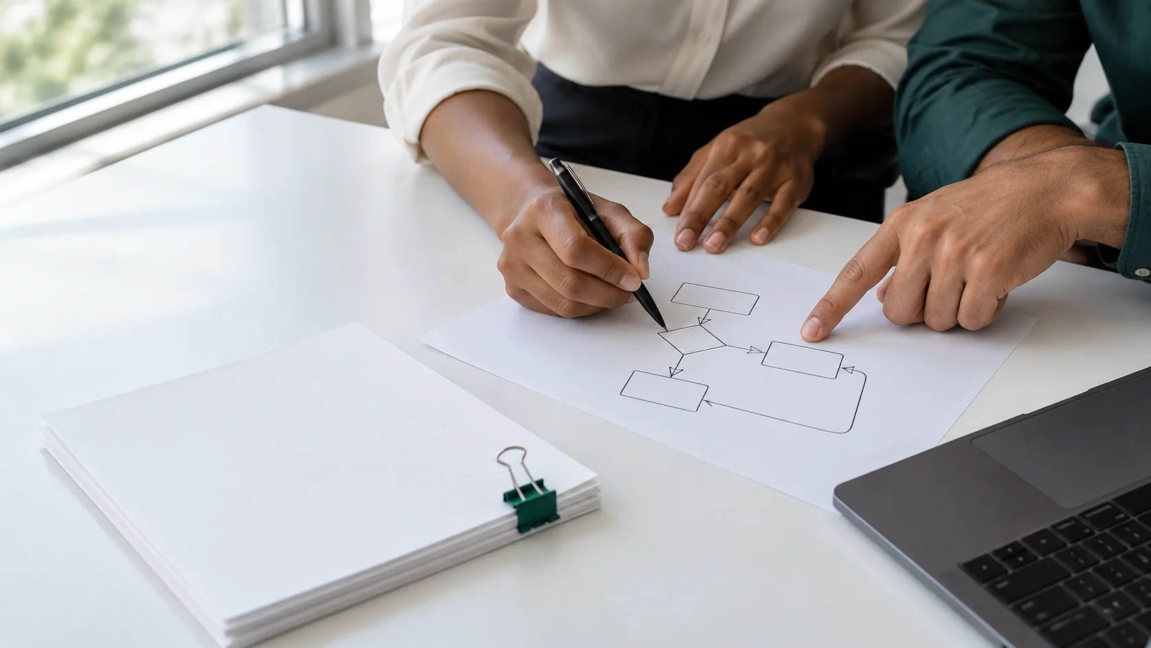 Mãos de duas pessoas analisando um fluxo desenhado em uma folha sobre a mesa.